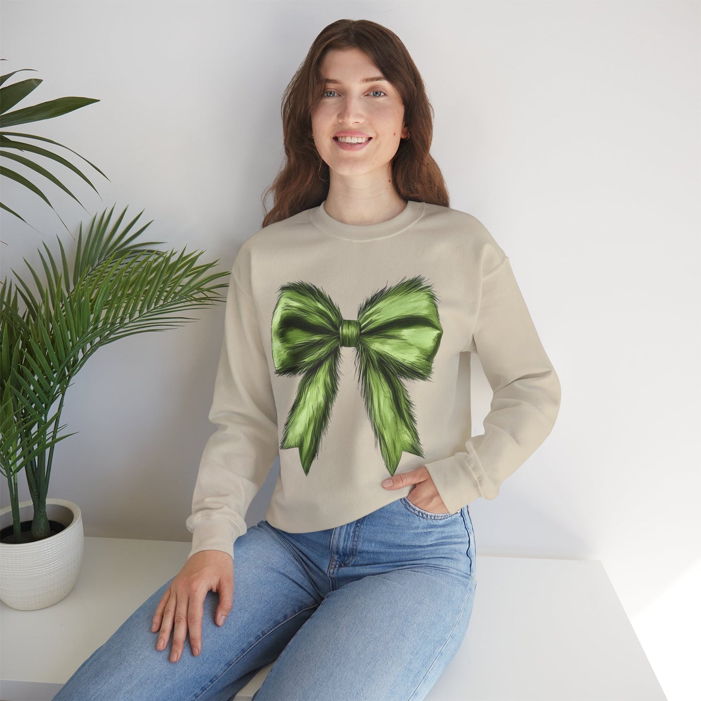 Mean Green Monster Furry Bow Crewneck Sweatshirt